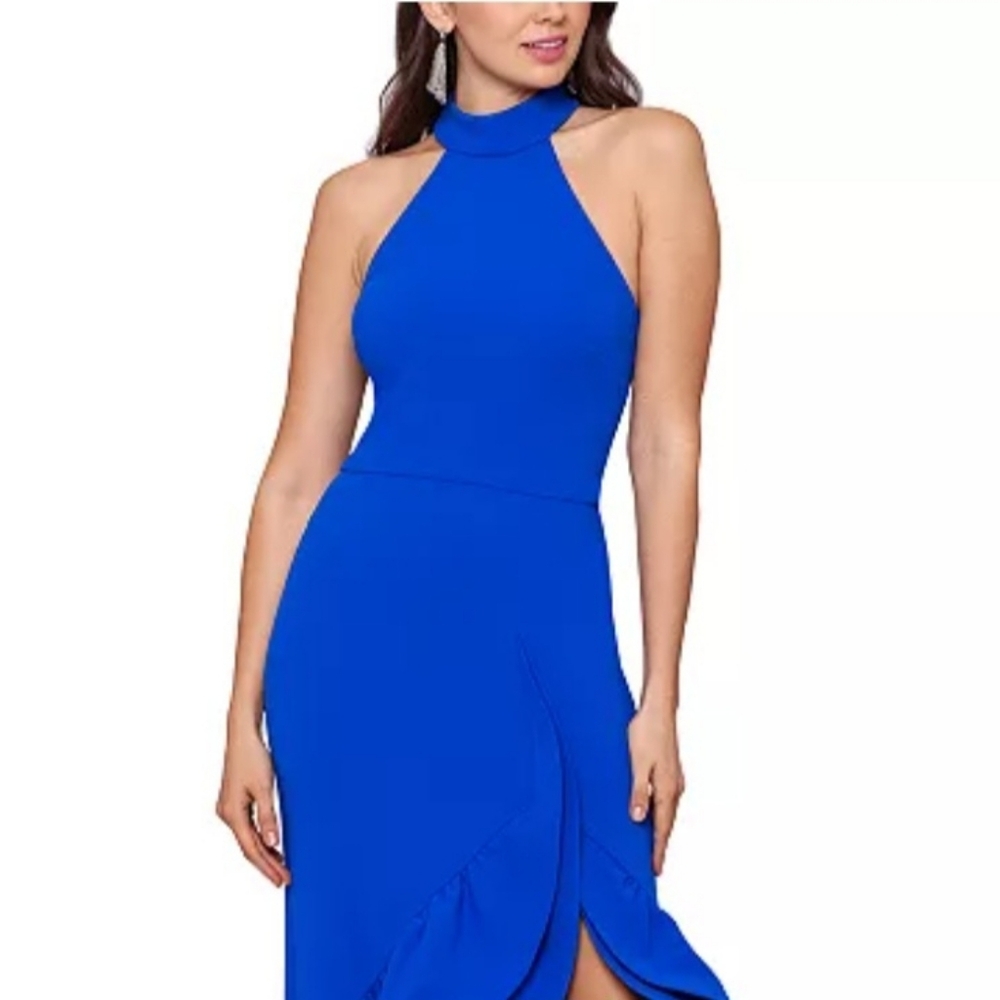 Betsy & Adam Women's Ruffled Side-Slit Halter Gown